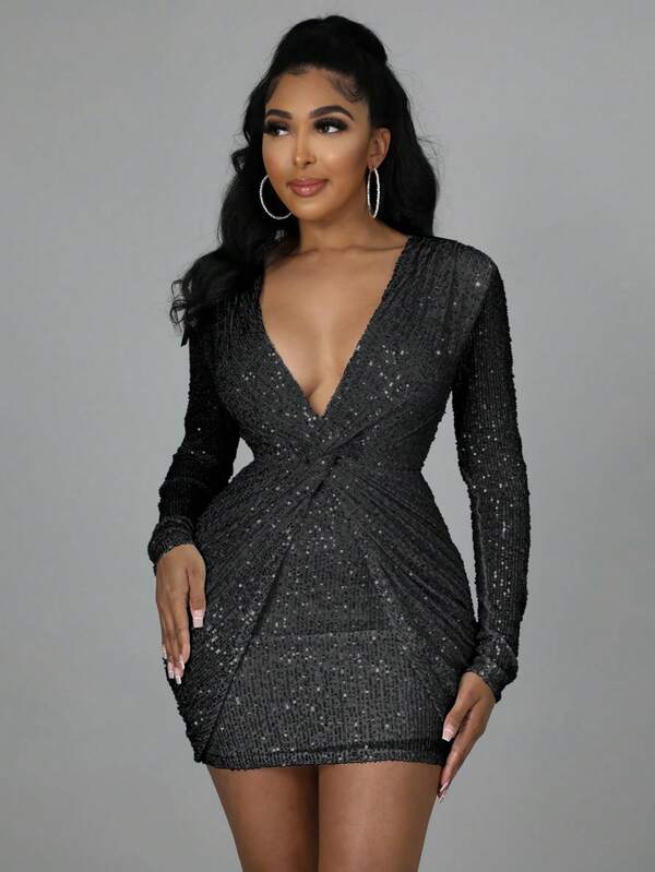 Abito corto scintillante con paillettes per donna, scollo a V profondo, maniche lunghe, aderente, con avvolgimento e torsione sul davanti