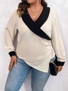 SHEIN Clasi 大碼拼接邊側收褶不對稱下擺襯衫