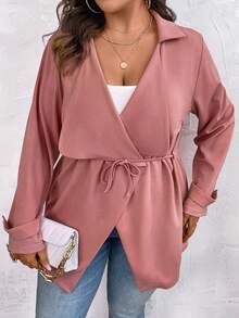 SHEIN LUNE Plus Waterfall Collar Drawstring Waist Coat - Pink - View 6