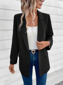 SHEIN LUNE 西裝領捲邊袖西裝外套 - 黑色 - 查看 4
