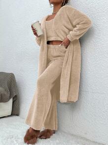 SHEIN Essnce 落肩袖開門襟法蘭絨外套和背心上衣和褲子 - 杏色 - 查看 7
