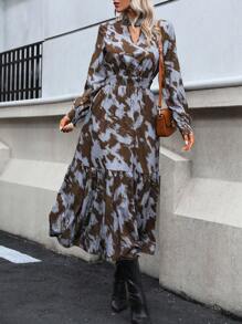 SHEIN Clasi 通體印花荷葉邊下擺洋裝 - 棕色 - 查看 1