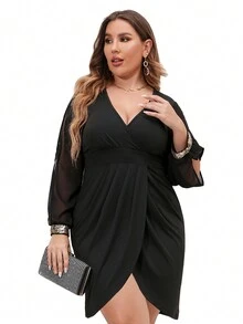 Plus Split Sleeve Wrap Hem Dress - Black - View 6