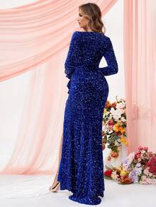 LOVE&LEMONADE Plunging Neck Split Thigh Sequin Prom Dress - Blue - View 2