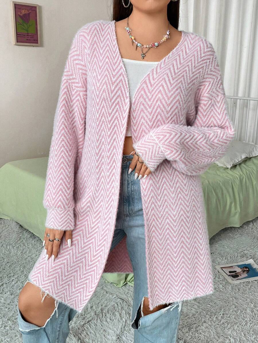 Flirla Plus Chevron Pattern Drop Shoulder Duster Cardigan - Multicolor - View 1