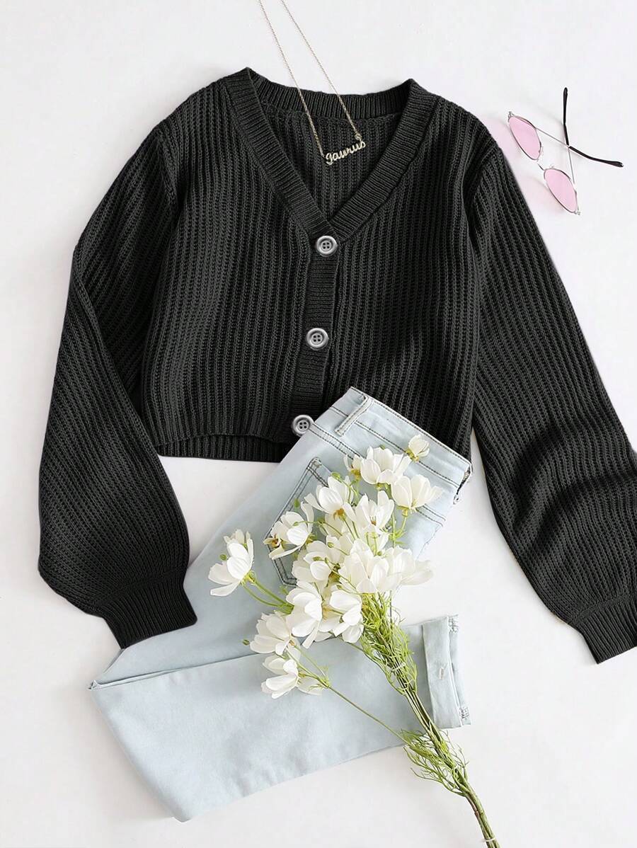 SHEIN EZwear áo hở cổ kích thước lớn Nút phía trước màu trơn Giải trí - màu đen - Xem 1
