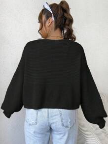 SHEIN Qutie 大碼落肩袖條紋針織開襟衫 - 黑色 - 查看 2