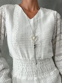 Cottnline Flare Sleeve Shirred Waist Dress - White - View 5