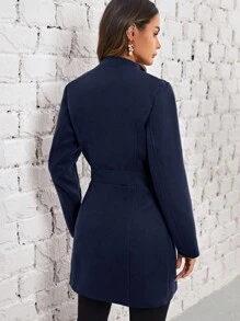 EMERY ROSE Solid Belted Overcoat - Navy Blue - View 2