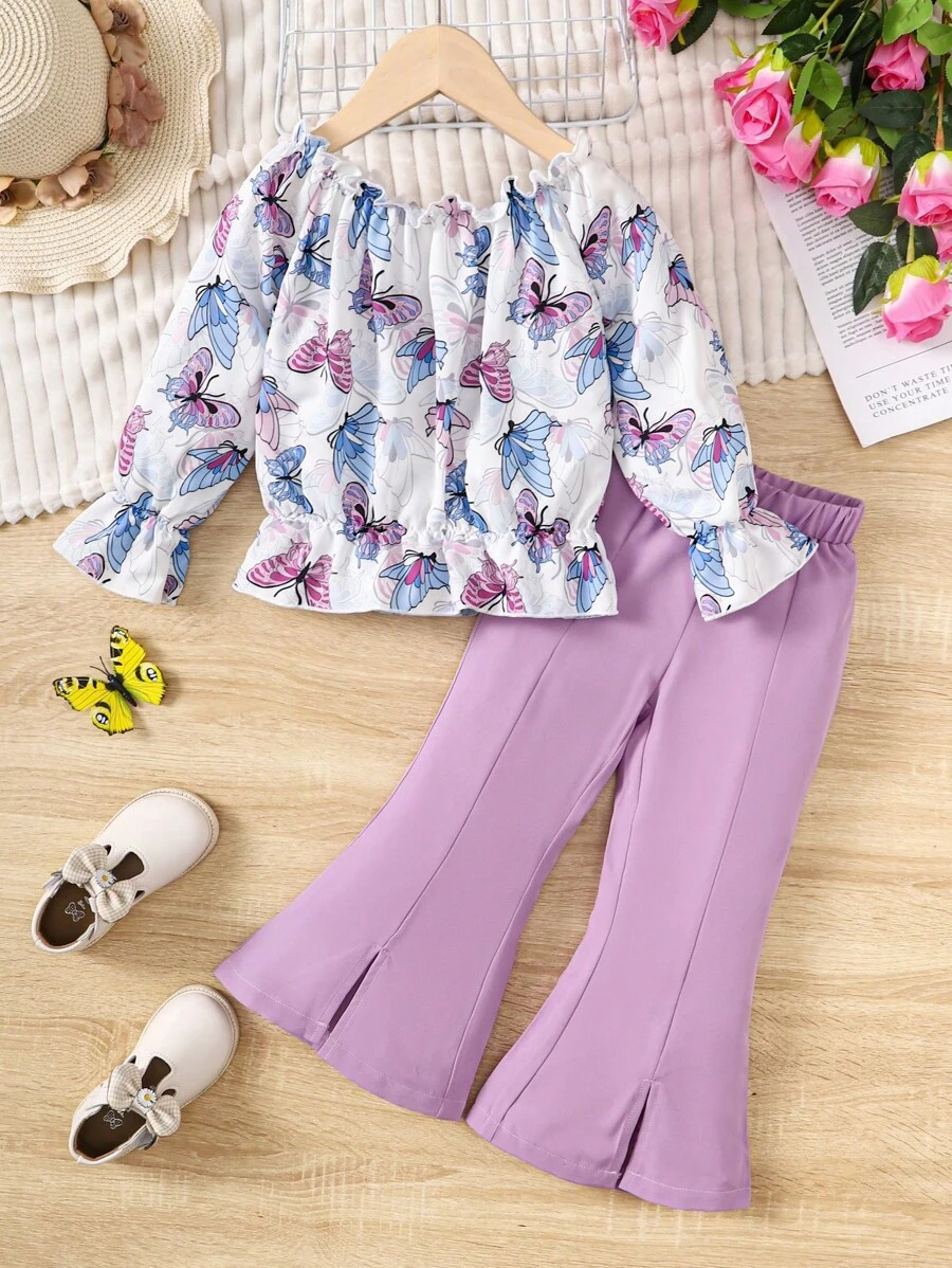 女小童蝴蝶圖案喇叭袖荷葉邊下擺襯衫和下擺開叉喇叭褲 - 紫色 - 查看 1
