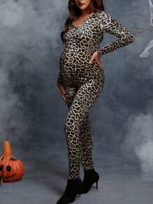 SHEIN Maternity Halloween Leopard Print Unitard Jumpsuit - Apricot - View 1