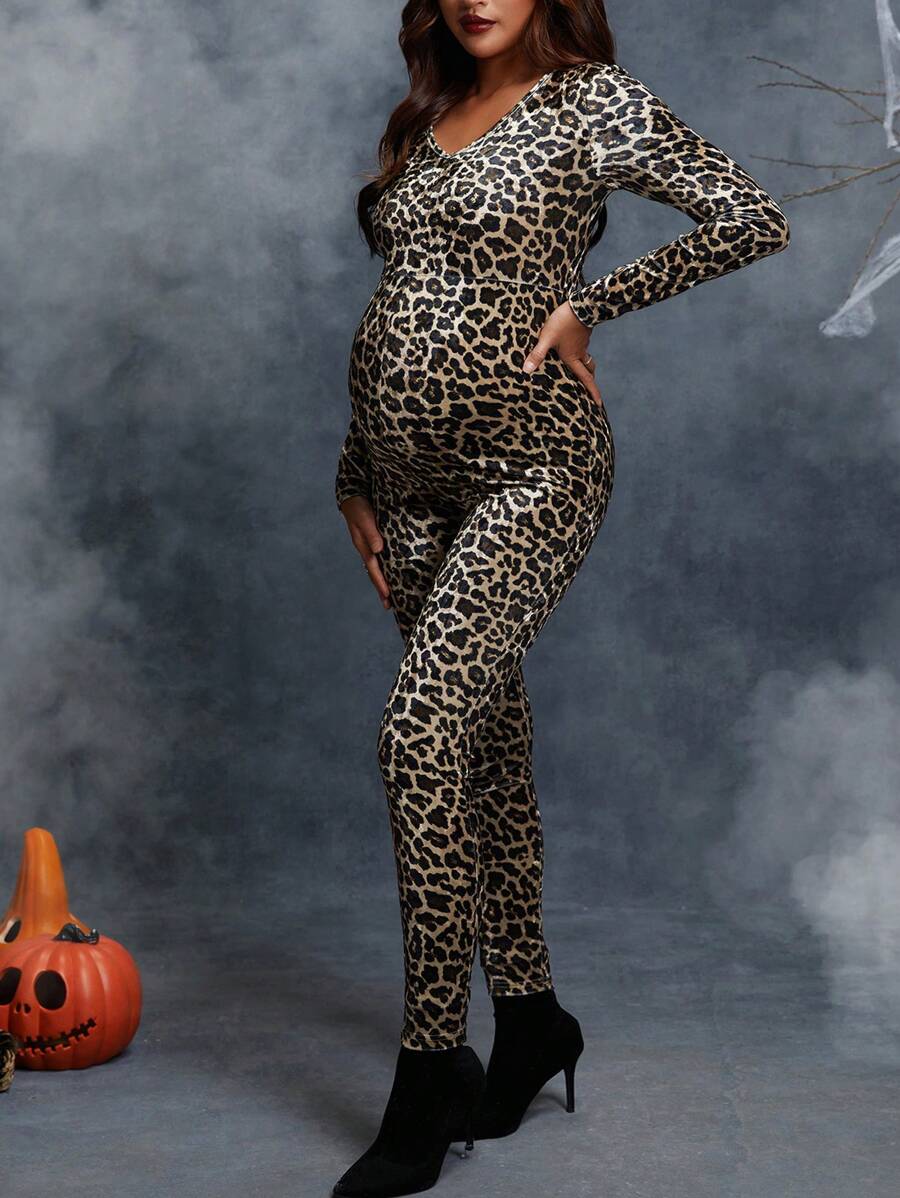 SHEIN Maternity Halloween Leopard Print Unitard Jumpsuit - Apricot - View 1
