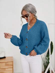 SHEIN Frenchy Bishop Sleeve Button Front Cardigan - Dusty Blue - View 3