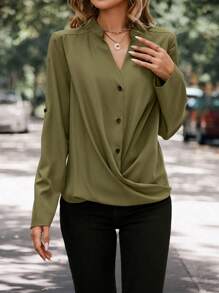 SHEIN LUNE 捲邊袖交疊襯衫 - 軍綠色 - 查看 5