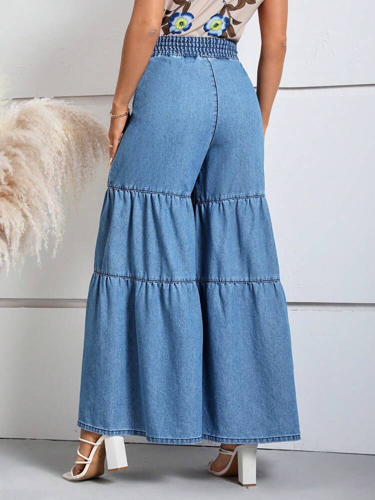 Tie Waist Ruffle Hem Wide Leg Jeans
