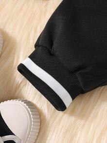 SHEIN 女大童字母貼布條紋飾邊學院風夾克和運動褲無毛衣 - 黑色 - 查看 3