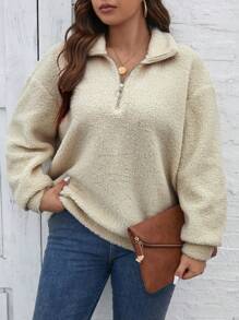 SHEIN LUNE 大碼半拉鏈落肩袖絨毛運動衫 - 米色 - 查看 3