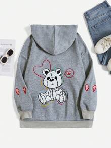 SHEIN Qutie 加大码卡通图案袋鼠口袋抽绳保暖内衬卫衣 - 灰色 - 查看 1