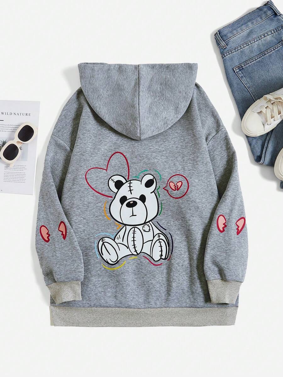 SHEIN Qutie 加大码卡通图案袋鼠口袋抽绳保暖内衬卫衣 - 灰色 - 查看 1