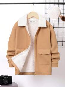 SHEIN Cậu bé Tween Cổ áo Borg Túi có nắp Lót Teddy Dây kéo mặt trước Áo khoác - Màu Khaki - Xem 1