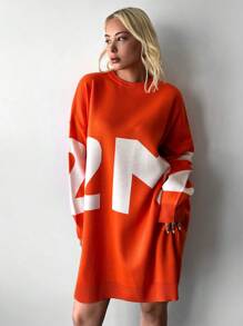 EURMUSE Letter Pattern Drop Shoulder Sweater - Orange - View 5