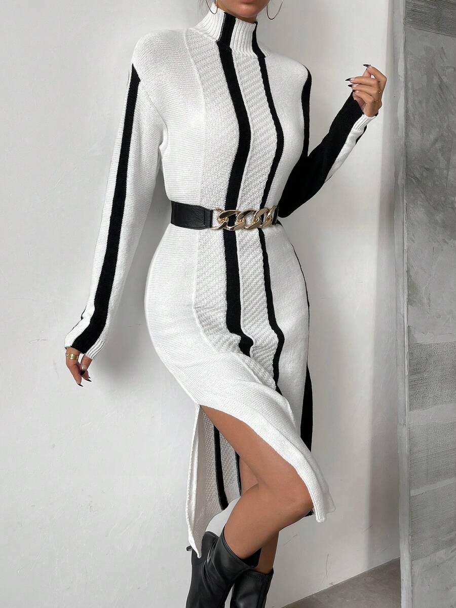 SHEIN Frenchy Striped Pattern Split Thigh Sweater Dress Without Belt - Black and White - View 1
