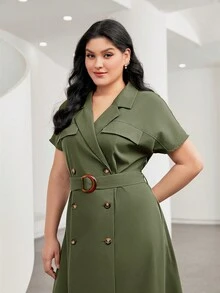 Mulvari 大碼西裝領雙排釦繫腰帶洋裝 - 軍綠色 - 查看 3