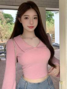 DAZY 纯色短款长袖女式上衣，秋季女装 - 粉色 - 查看 2