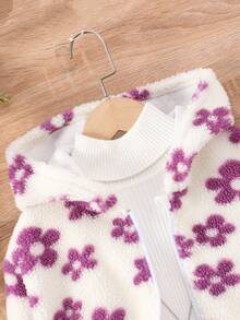 SHEIN 女大童花卉圖案落肩袖連帽毛絨夾克無毛衣 - 紫色 - 查看 3