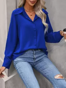 EMERY ROSE Solid Button Front Shirt,Long Sleeve Tops Fall Cloth For Women - Royal Blue - View 6