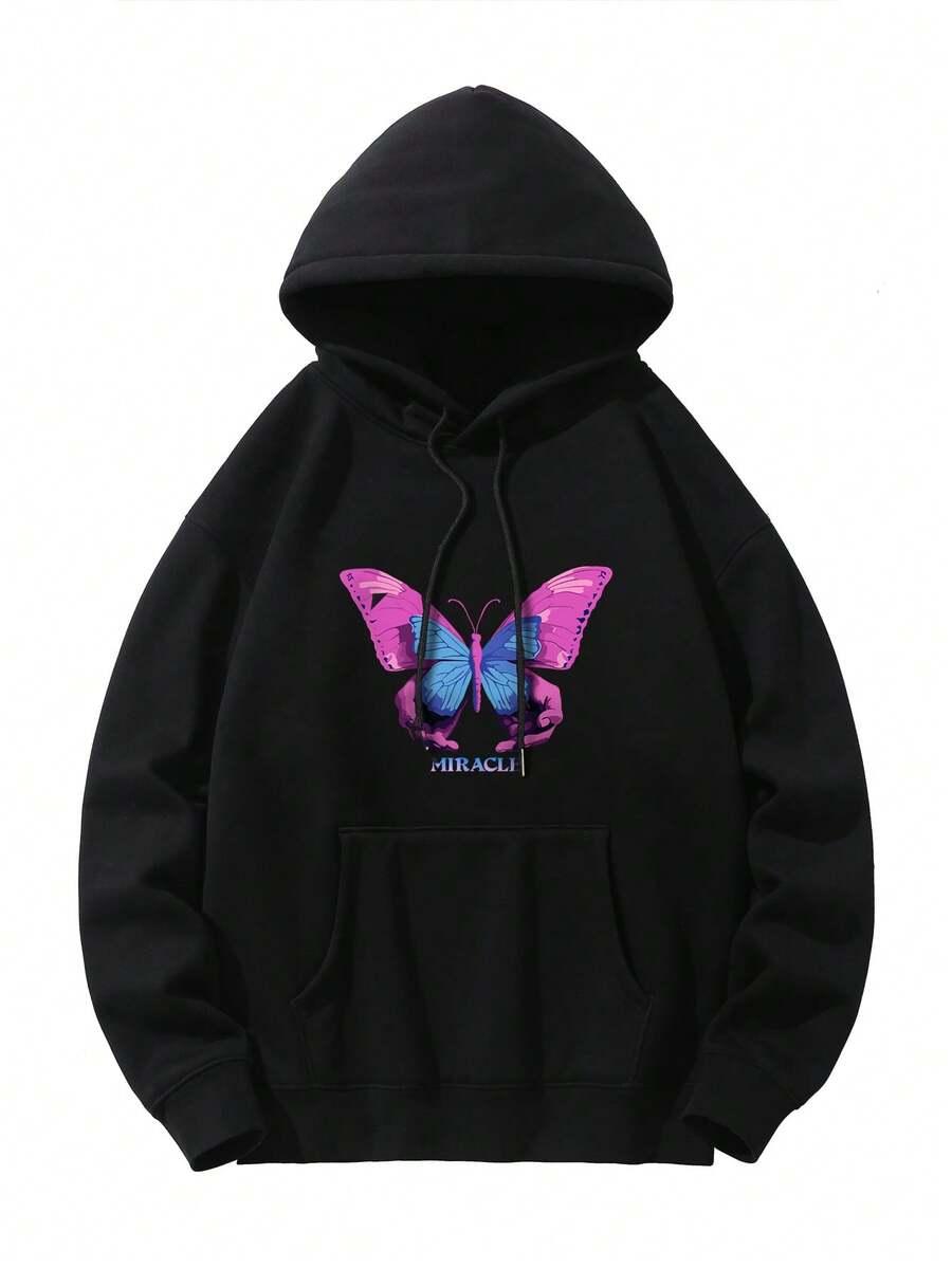 Men Butterfly & Letter Graphic Kangaroo Pocket Drawstring Hoodie - Black - View 1