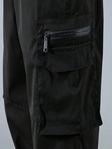 Men Letter Patched Flap Pocket Cargo Pants - Black - View 3