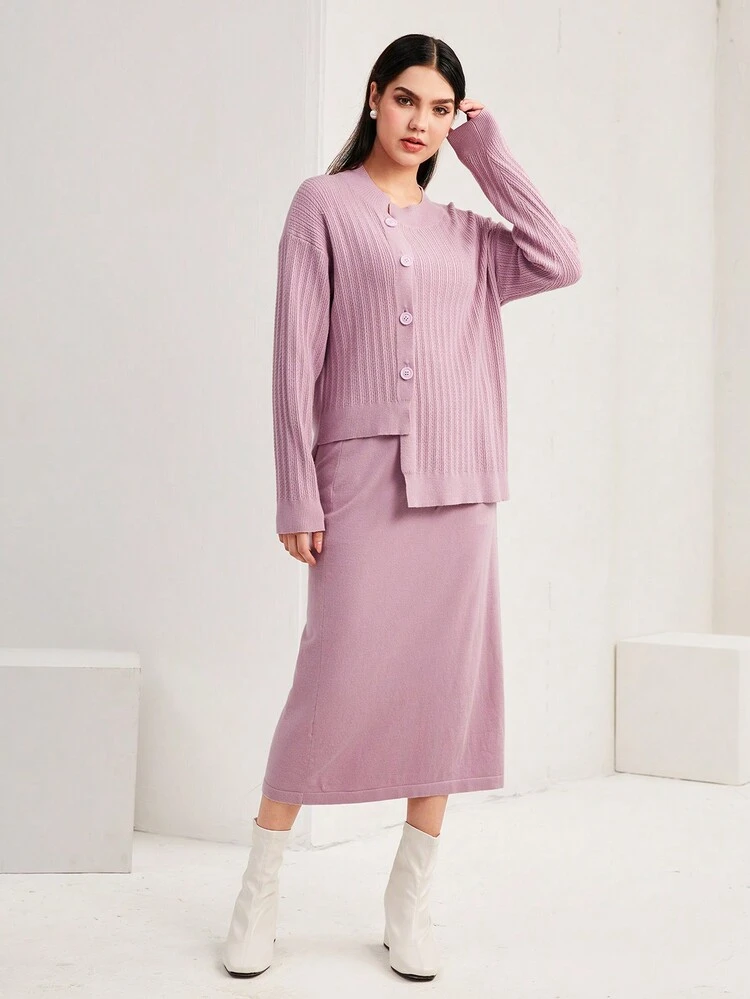 Drop Shoulder Button Front Asymmetrical Hem Cardigan & Knit Skirt 2 Piece Set