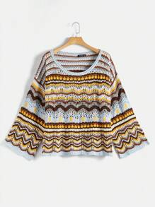 Flirla 大碼條紋圖案網眼針織落肩袖套頭毛衣 - 彩色 - 查看 1