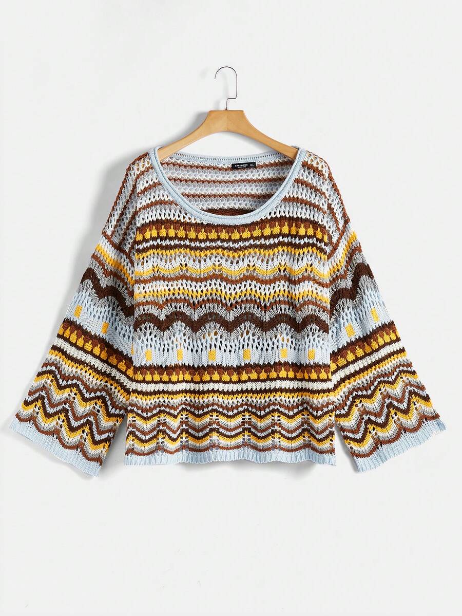 Flirla 大碼條紋圖案網眼針織落肩袖套頭毛衣 - 彩色 - 查看 1