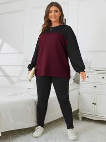 SHEIN Essnce Plus Two Tone Drop Shoulder Tee - Burgundy - View 5