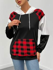 SHEIN Essnce Plaid Print Colorblock Drawstring Hoodie - Black - View 3