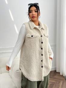 SHEIN EZwear Plus Flap Detail Teddy Vest Coat, For Winter - Beige - View 4