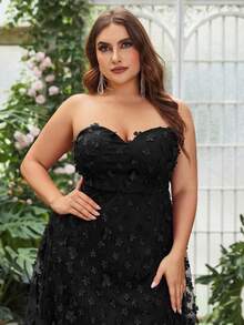 Plus Floral Appliques Split Thigh Mesh Tube Party Dress Black Elegant Formal Evening Prom Wedding Guest Gown, For Graduation, Dinner - Black - View 5