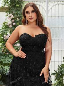 Plus Floral Appliques Split Thigh Mesh Tube Party Dress Black Elegant Formal Evening Prom Wedding Guest Gown, For Graduation, Dinner