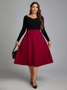 SHEIN Clasi 加鈕扣細節褶皺細節喇叭裙 - 紅色 - 查看 3