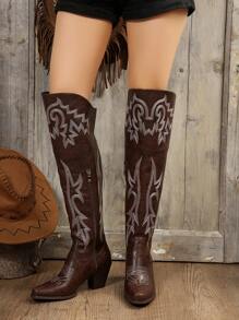 FVPFVP 女士时尚刺绣细节户外骑马靴，西部风格，秋冬季牛仔靴 - 棕色 - 查看 2