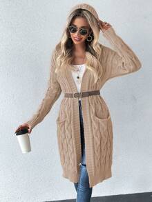 SHEIN Essnce 雙口袋落肩袖連帽開襟開衫 - 卡其色 - 查看 5