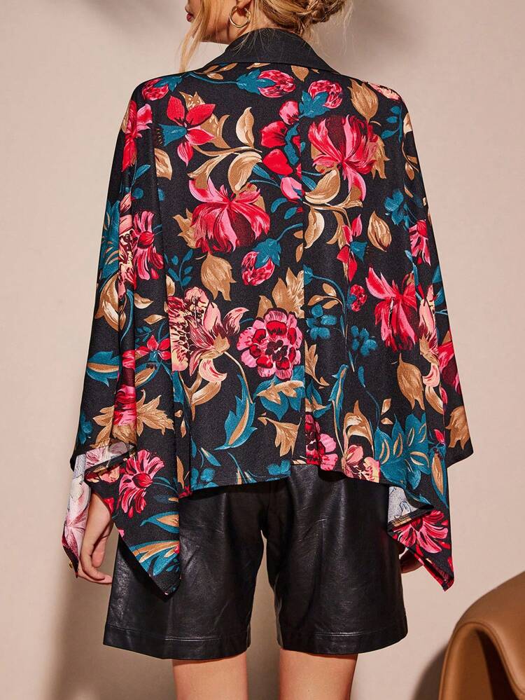 Floral Print Batwing Sleeve Belted Coat