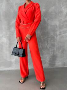 EURMUSE Lapel Neck Chain Detail Jumpsuit - Orange - View 4