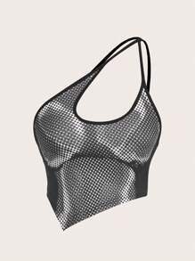 SHEIN ICON Một bờ vai Viền khăn tay Top Cây trồng - Màu xám đen - Xem 1