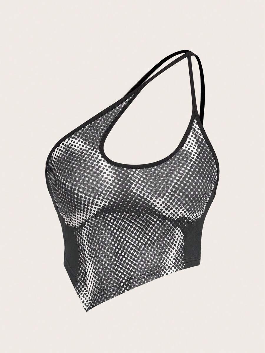 SHEIN ICON Một bờ vai Viền khăn tay Top Cây trồng - Màu xám đen - Xem 1