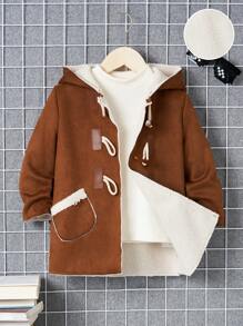 SHEIN Chico joven Abrigo botón duffle con capucha de serraje falso - Café integral - Ver 7