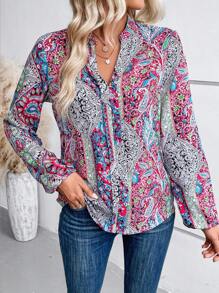 SHEIN LUNE 佩斯利印花缺角領口燈籠袖襯衫 - 紅色 - 查看 4