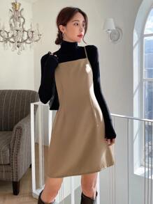 DAZY Vestido de tirantes unicolor sin camiseta - Caqui - Ver 1